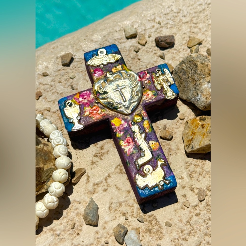 Milagros Silver Metal Charm Spanish Folk Art Painted Wood Cross-Violet